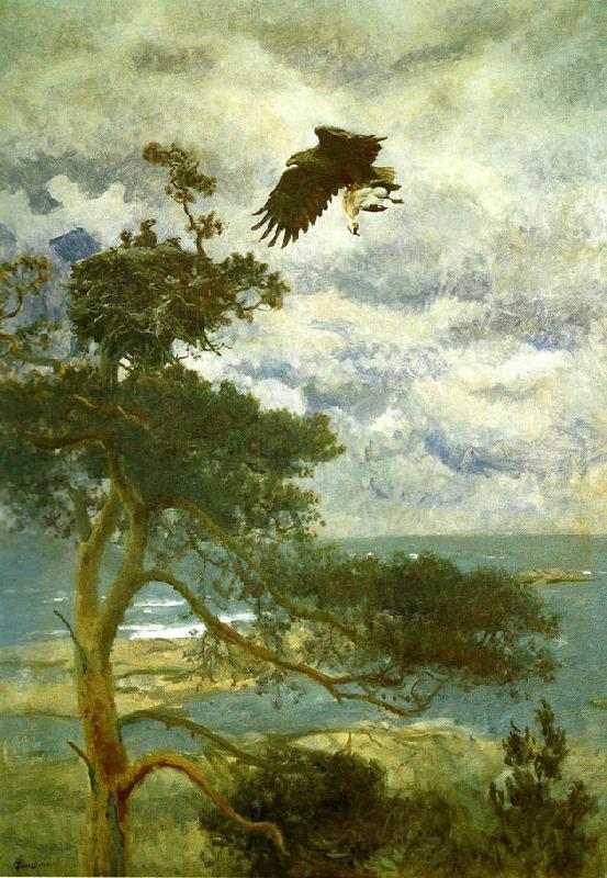 bruno liljefors havsorn med guding som byte vid boet Norge oil painting art